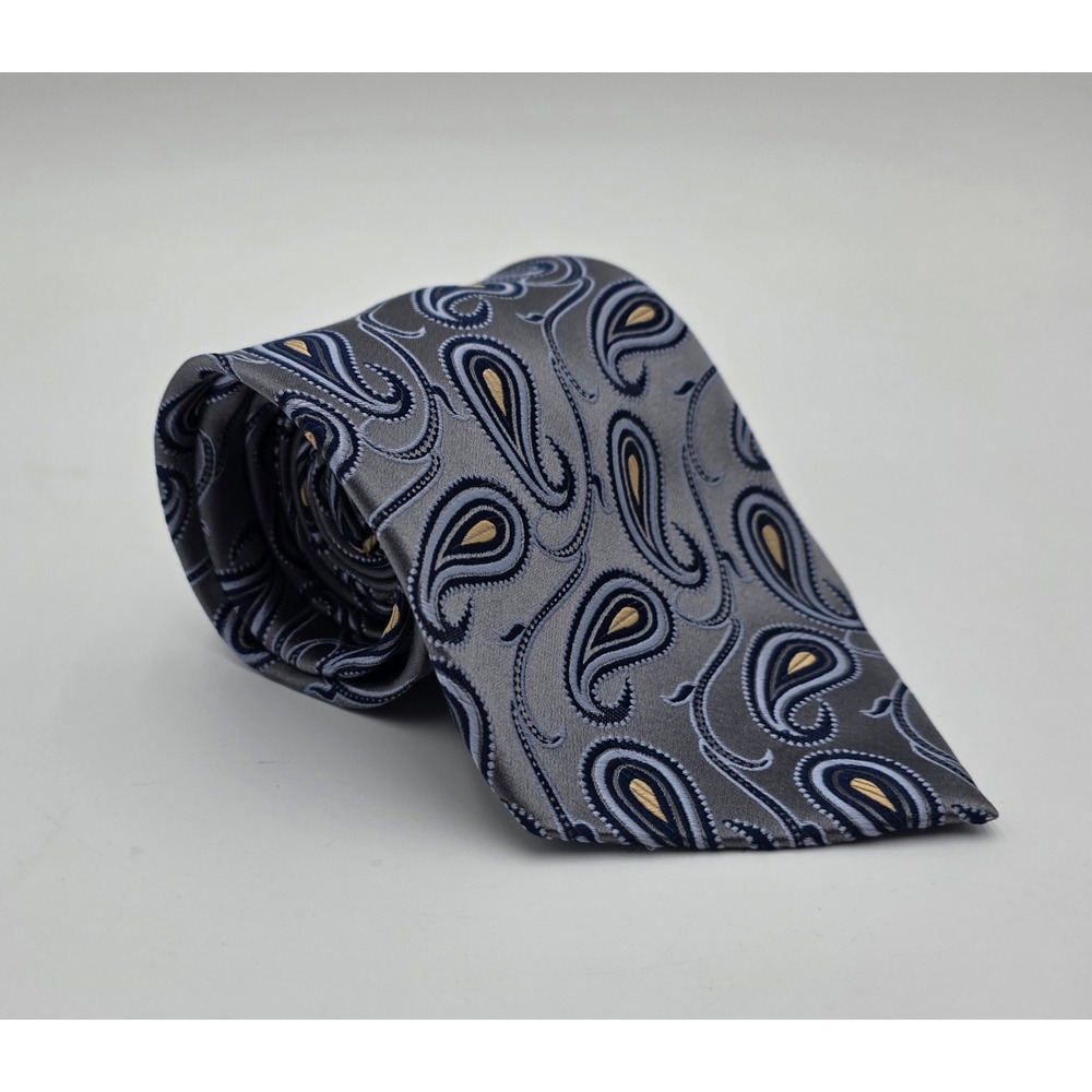 Martin Wong Collection Men's Silk Paisley Tie Grey Navy Blue Gold Hand Made 4"